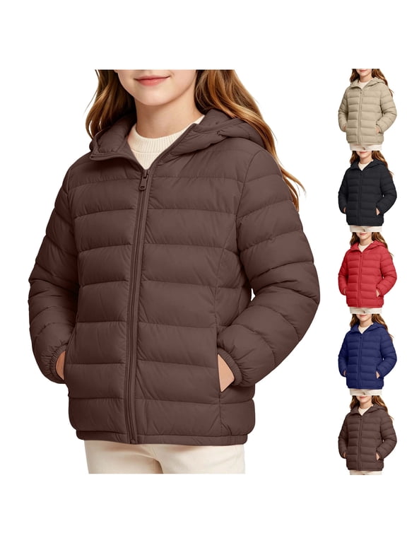 Girls Full Zip Hooded Lightweight Puffer Jacket Cold Resistant Loose Layering Walking Running Outdoor Warm Outer Winter Coat for Kids