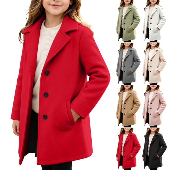 Chiccall Girls Notched Lapel Mid Length Coat Buttons Pockets Elegant Fall Winter Party Casual Outer Coat for Kids