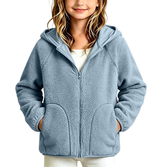Chiccall Girls Solid Sherpa Fleece Zip Up Hooded Jacket Big Side Pockets Elastic Cuff Soft Fall Winter Casual Outer Coat for Kids