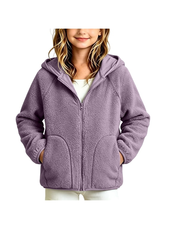 Girls Solid Sherpa Fleece Zip Up Hooded Jacket Big Side Pockets Elastic Cuff Soft Fall Winter Casual Outer Coat for Kids