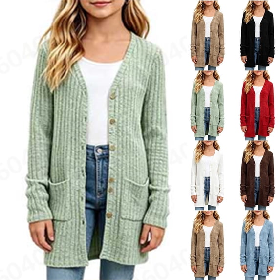 Chiccall Girls V Neck Button Knit Cardigan Pockets Soft Breathable Lightweight Fall Daily School Shopping Travel Outer Winter Coat for Kids