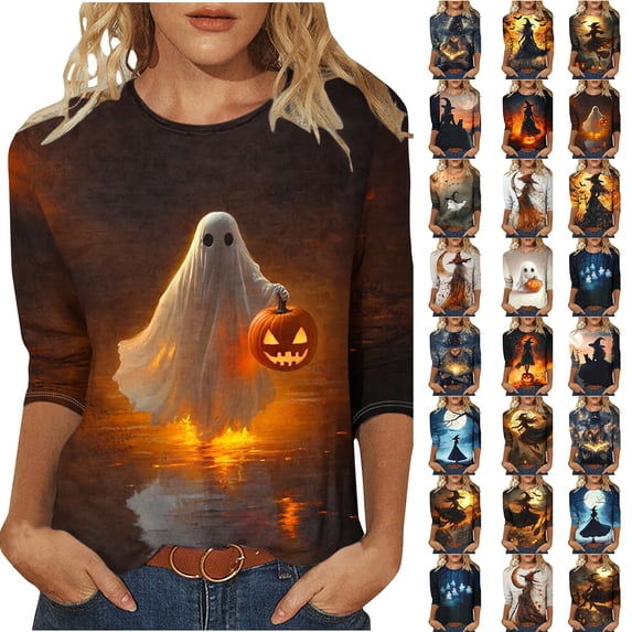 Chiccall Halloween Print 3/4 Sleeve Plus Size Top for Women Crew Neck Loose Casual Tunic Blouse Fall Fashion Graphic T-Shirt