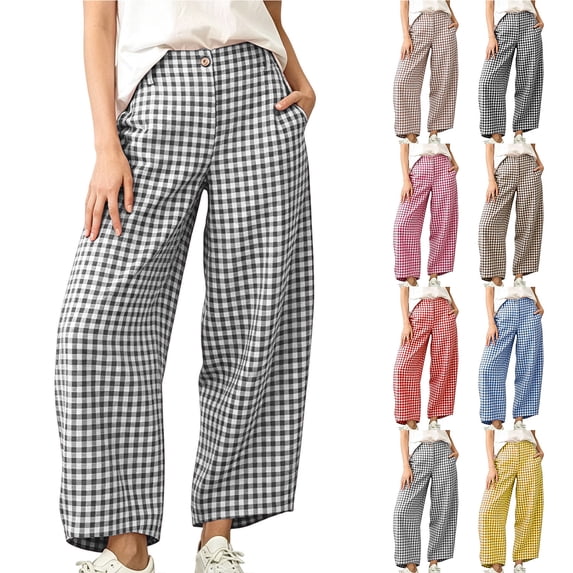 Chiccall High Waist Gingham Barrel Cropped Pants for Women Fashion Button Plaid Wide Leg Casual Pocket Trousers