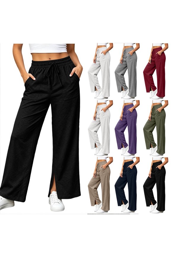 High Waist Split Hem Wide Leg Jogger Sweatpants for Women Elastic Drawstring Waist Versatile Casual Pants