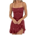 thumbnail image 1 of Chiccall Homecoming Dress for Teens Sparkly Sequin Spaghetti Strap Backless Ruffle Hem Cami Short Party Dresses Wine M, 1 of 5