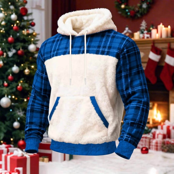 Chiccall Hoodies for Men Christmas Fuzzy Plaid Drawstring Hooded Sweatshirts Winter Warm Pullover Sweaters with Pocket
