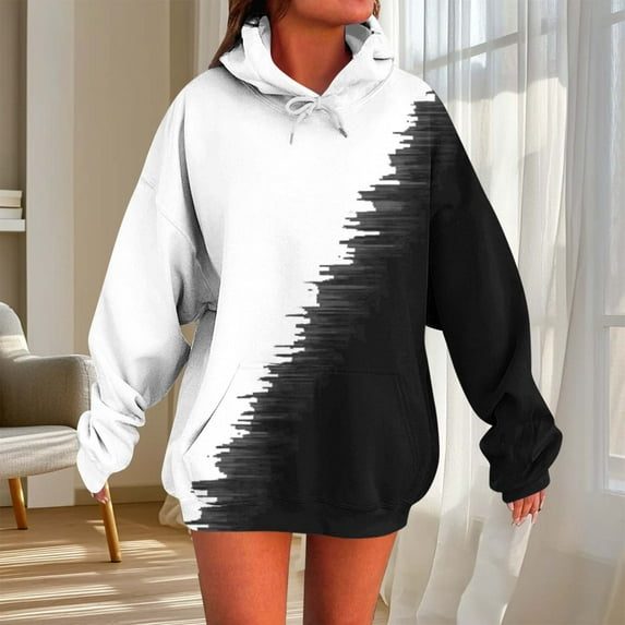 Chiccall Hoodies for Women Gradient Loose Fall Pullover Tops Drawstring Long Sleeve Sweatshirt White XXL