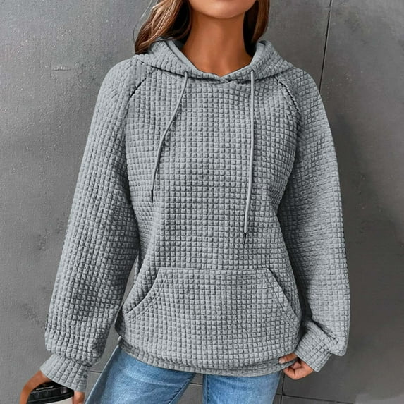 Chiccall Hoodies for Women Long Sleeve Drawstring Waffle Pullover Tops Loose Hooded Sweatshirt with Pocket Gray XXL