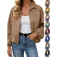 thumbnail image 1 of Chiccall Jackets for Women Fall Winter Fashion Long Sleeve Coats Casual Lapel Full Zip Up Bomber Jacket with Pockets Khaki L, 1 of 9