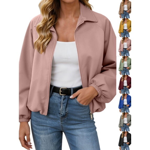 Chiccall Jackets for Women Fall Winter Fashion Long Sleeve Coats Casual Lapel Full Zip Up Bomber Jacket with Pockets Pink 3XL