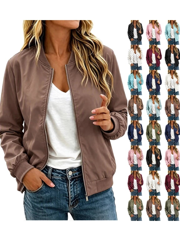 Jackets for Women Zip‑Up Long Sleeve Loose Casual Bomber Jacket Lightweight Coat Outerwear Brown S