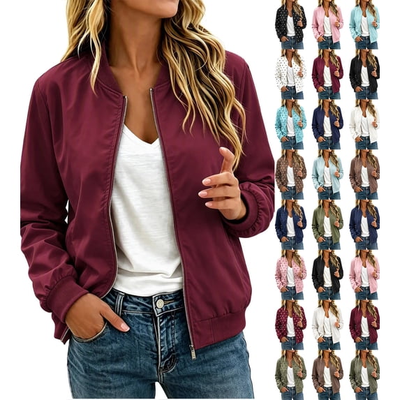 Chiccall Jackets for Women Zip‑Up Long Sleeve Loose Casual Bomber Jacket Lightweight Coat Outerwear Wine S
