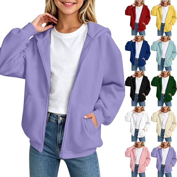 Chiccall Kids Raglan Sleeve Hooded Zip Jacket Multiple Solid Color Loose Lightweight Everyday Vacation Outdoor Basic Outer Hooded Zip Jacket for Girls