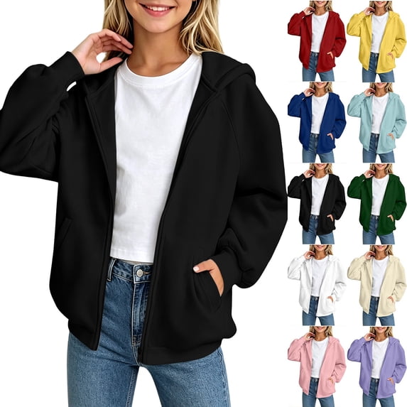 Chiccall Kids Raglan Sleeve Hooded Zip Jacket Multiple Solid Color Loose Lightweight Everyday Vacation Outdoor Basic Outer Hooded Zip Jacket for Girls