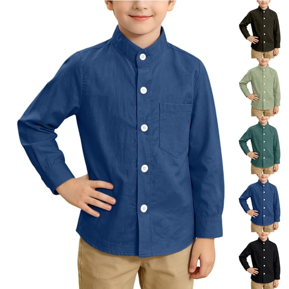 Chiccall Kids Stand Collar Button Up Shirt Solid Color Loose Lightweight Breathable Cotton Everyday Vacation Party Basic Shirts for Boys and Girls