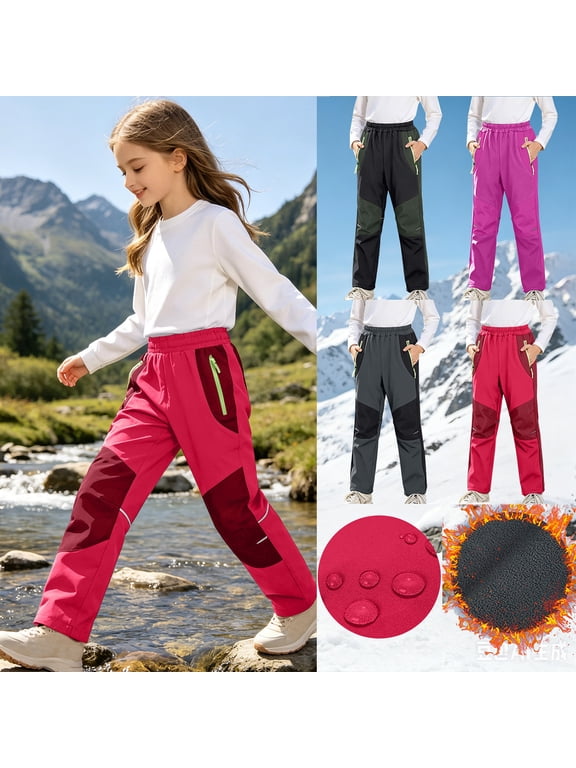 Kids Straight Leg Pants Color-Blocked Panels Fleece Lined Waterproof Warm Elastic Waist Winter Snow Sports Outdoor Pants for Boys Girls