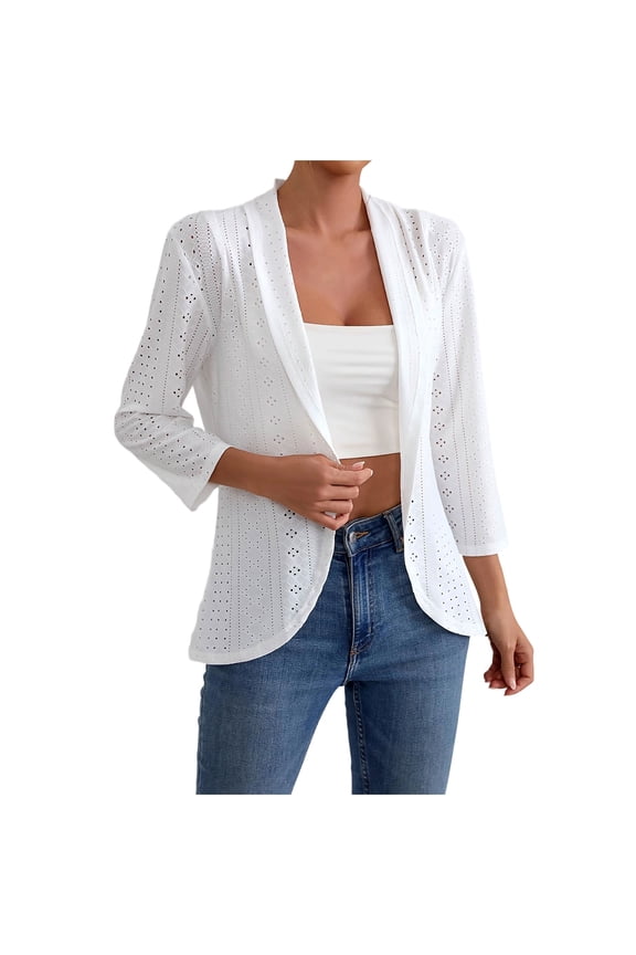 Lightweight Open Front Cardigan for Women Fall Netted Knit Curved Hem 3/4 Sleeve Cardigan Sweater