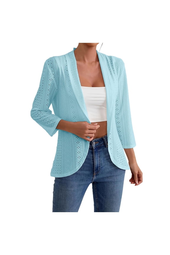 Lightweight Open Front Cardigan for Women Fall Netted Knit Curved Hem 3/4 Sleeve Cardigan Sweater