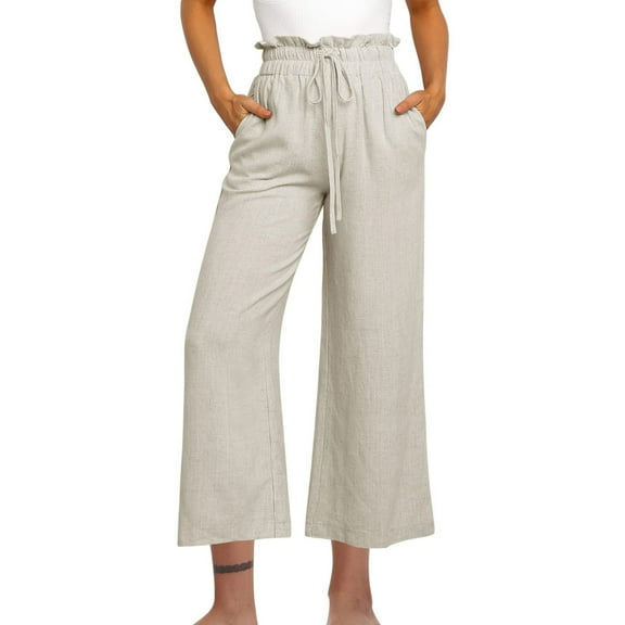 Chiccall Linen Pants Women Casual High Waisted Drawstring Pants Lounge Summer Holiday Wide Leg Trousers