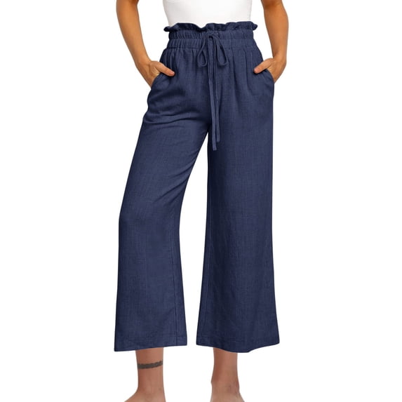 Chiccall Linen Pants Women Casual High Waisted Drawstring Pants Lounge Summer Holiday Wide Leg Trousers