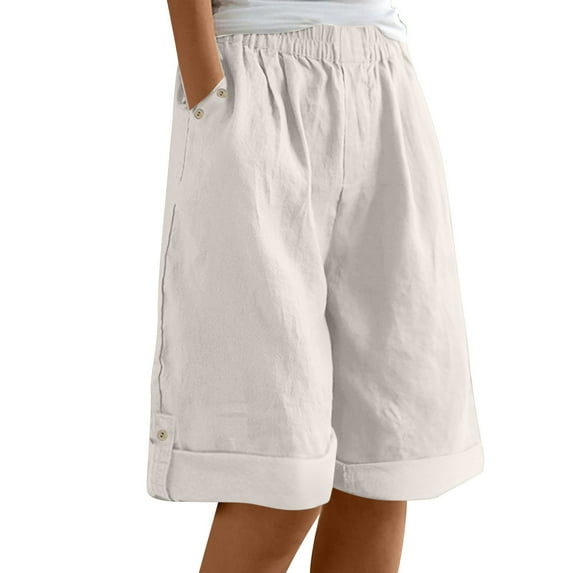 Chiccall Linen Shorts for Women Casual Loose Knee Length Button Bermuda Shorts Lightweight Wide Leg Elastic Waist Shorts with Pockets