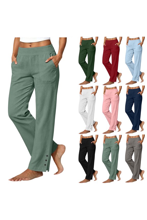 Linen Straight Leg Pants for Women Elastic High Waist Side Split Button Hem Casual Trousers with Side Pockets