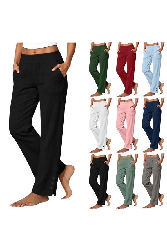 Linen Straight Leg Pants for Women Elastic High Waist Side Split Button Hem Casual Trousers with Side Pockets