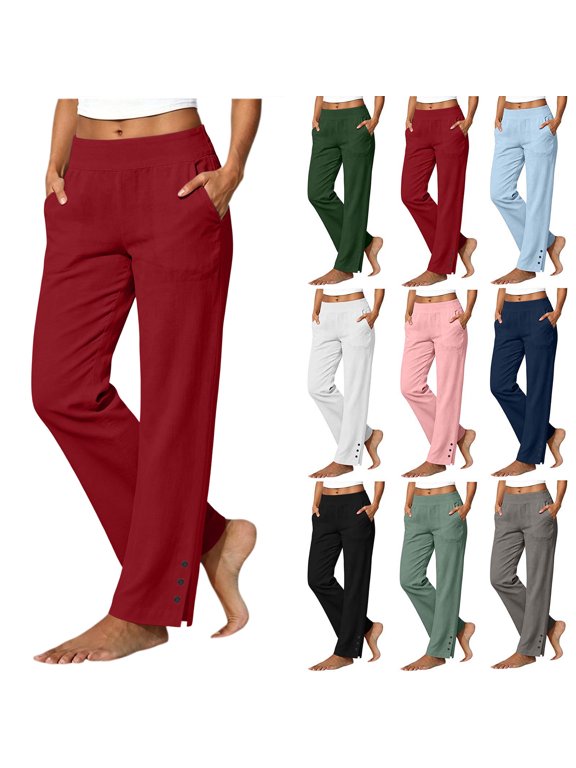 Linen Straight Leg Pants for Women Elastic High Waist Side Split Button Hem Casual Trousers with Side Pockets