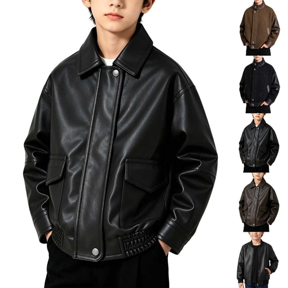 Chiccall Little Boys Stand Collar Button Leather Jacket Pockets Windproof Warm Fall Winter Casual Jacket Daily Travel Outer Winter Coat for Kids