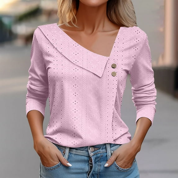 Chiccall Long Sleeve Eyelet Tops for Womens Solid V Neck Dressy Casual Elegant Blouse Trendy Embroidery Button Tops Pink S