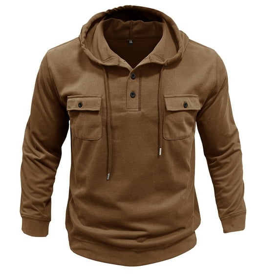 Chiccall Men's Button Up Hooded Sweatshirt Vintage Casual Long Sleeve Drawstring Pullover Outdoor Cargo Hoodies with 2 Button Pockets