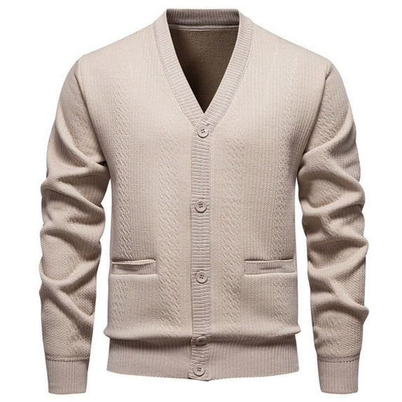 Chiccall Men's Cardigan Sweaters Fleece Lined Button Down V Neck Cardigans Casual Vintage Long Sleeve Cable Knitted Warm Sweaters with Pocket