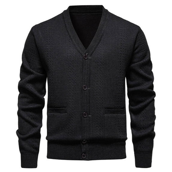 Chiccall Men's Cardigan Sweaters Fleece Lined Button Down V Neck Cardigans Casual Vintage Long Sleeve Cable Knitted Warm Sweaters with Pocket