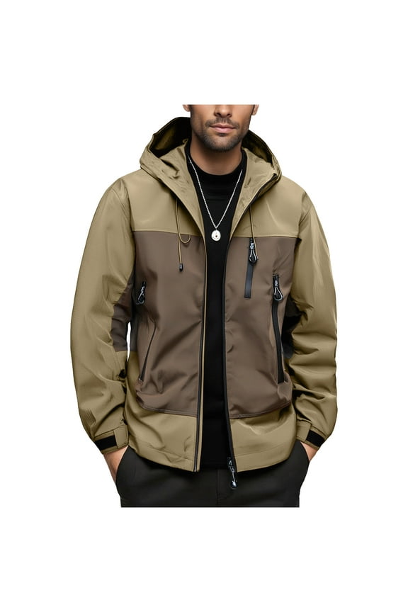 Men's Cargo Jackets Outdoor Hiking Traveling Drawstring Hooded Windbreakers Colorblock Full Zip Multi-Pocket Coat