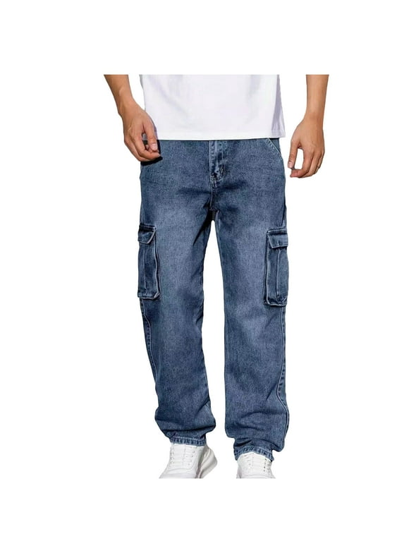 Men's Cargo Jeans Vintage Baggy Straight Leg Casual Work Denim Pants with Multiple Pockets