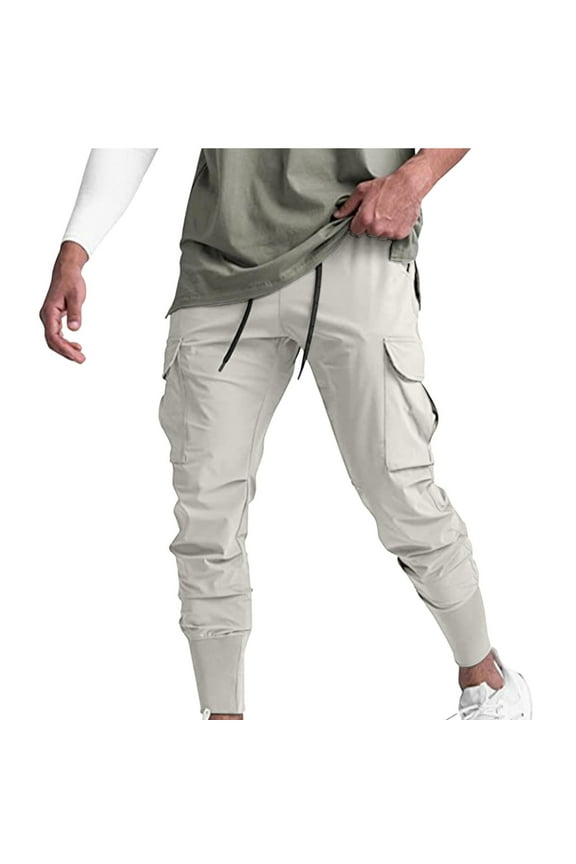 Men's Cargo Pants Tight Stretch Drawstring Casual Workout Pants with Multiple Pockets