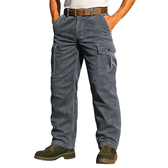 Chiccall Men's Corduroy Cargo Pants Casual Vintage Baggy Straight Leg Button Zipper Hiking Work Trousers with Multi Pockets