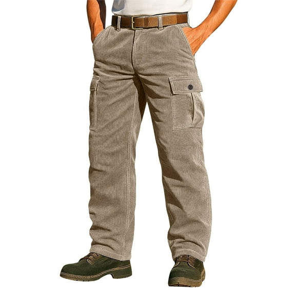 Chiccall Men's Corduroy Cargo Pants Casual Vintage Baggy Straight Leg Button Zipper Hiking Work Trousers with Multi Pockets