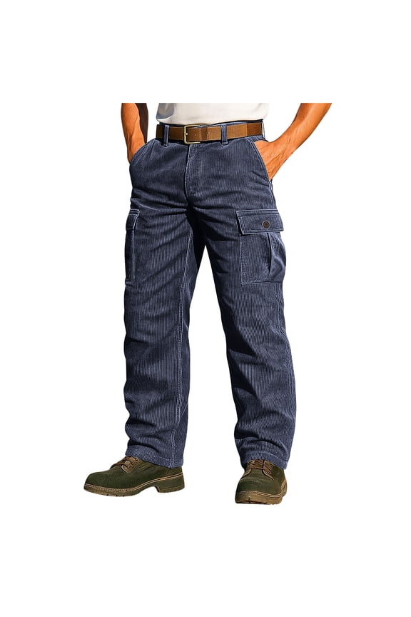 Men's Corduroy Cargo Pants Casual Vintage Baggy Straight Leg Button Zipper Hiking Work Trousers with Multi Pockets