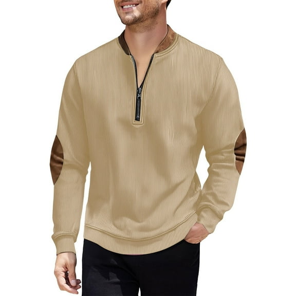 Chiccall Men's Corduroy Sweatshirts Vintage Textured Pullover Quarter Zip Stand Collar Patchwork Sweatshirts