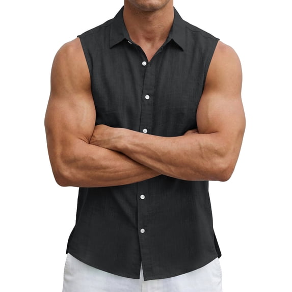 Chiccall Men's Cotton Linen Sleeveless Shirts Button Down Beach Tank Top Summer Casual Basic Solid Shirt Vest