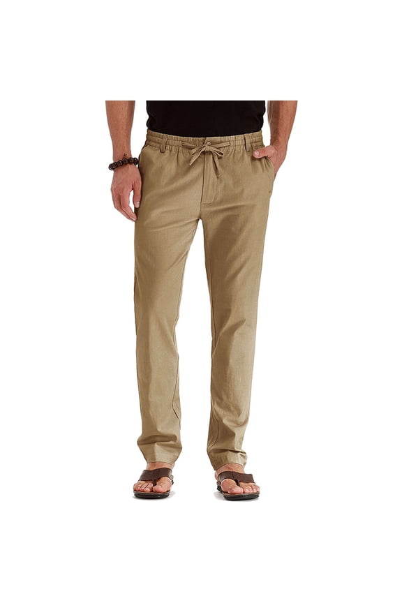 Men's Cotton Pants Casual Elastic Waist Drawstring Pants Classic Fit Strech Workday Dress Pants
