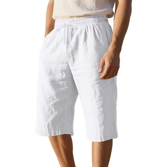 Chiccall Men's Cotton Shorts Elastic Waist Drawstring Breathabl Below Knee Shorts Casual Summer Beach Shorts with Pocket Sizes S-3XL