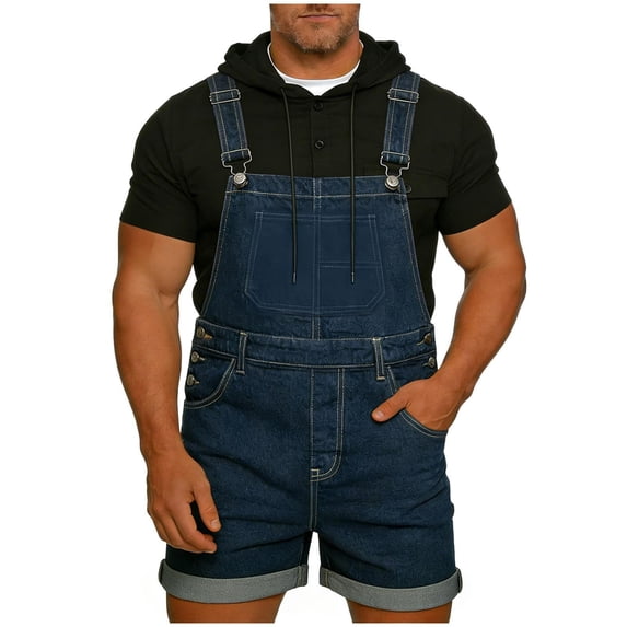 Chiccall Men's Denim Overalls Pocket Front Adjustable Straps Sleeveless Washed Rompers Overall Shorts