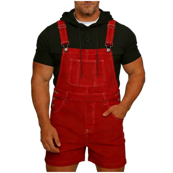 Chiccall Men's Denim Overalls Pocket Front Adjustable Straps Sleeveless Washed Rompers Overall Shorts