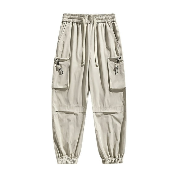 Chiccall Men's Drawstring Elastic Waist Big Pockets Streetwear Loose Cargo Pants Elastic Bottom Joggers Hiking Trousers