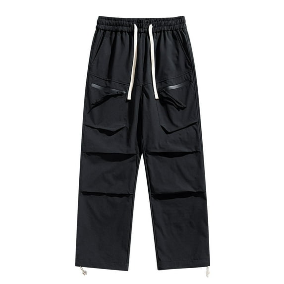 Chiccall Men's Elastic Waist Drawstring Big Pockets Streetwear Loose Cargo Pants Stylish Wide Leg Elastic Bottom Trousers