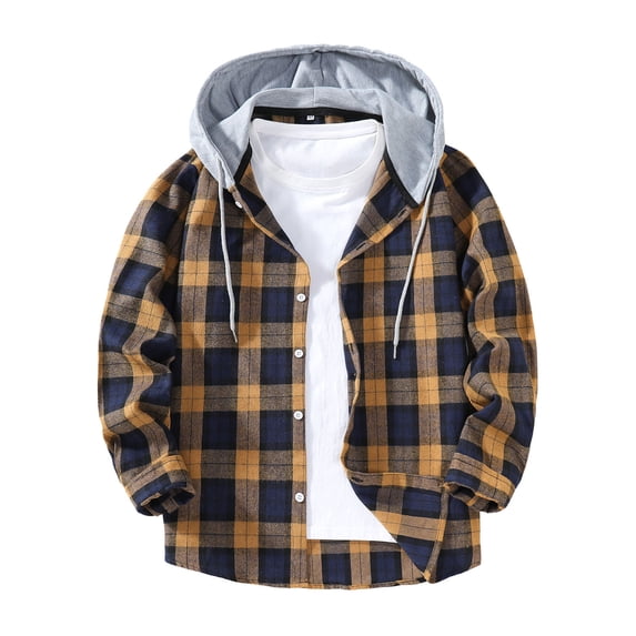 Chiccall Men's Flannel Shirt Plaid Hoodie Casual Comfortable Long Sleeve Drawstring Button-Down Shirt for Men