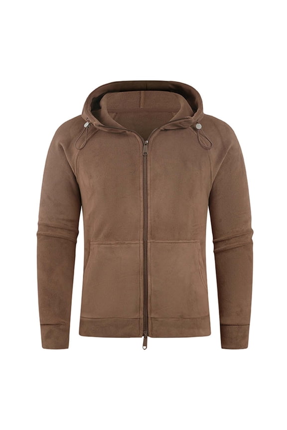 Men's Fleece Jacket Full Zip Jacket with Adjustable Hood Fashion Solid Outdoor Hiking Workout Coat with Pockets