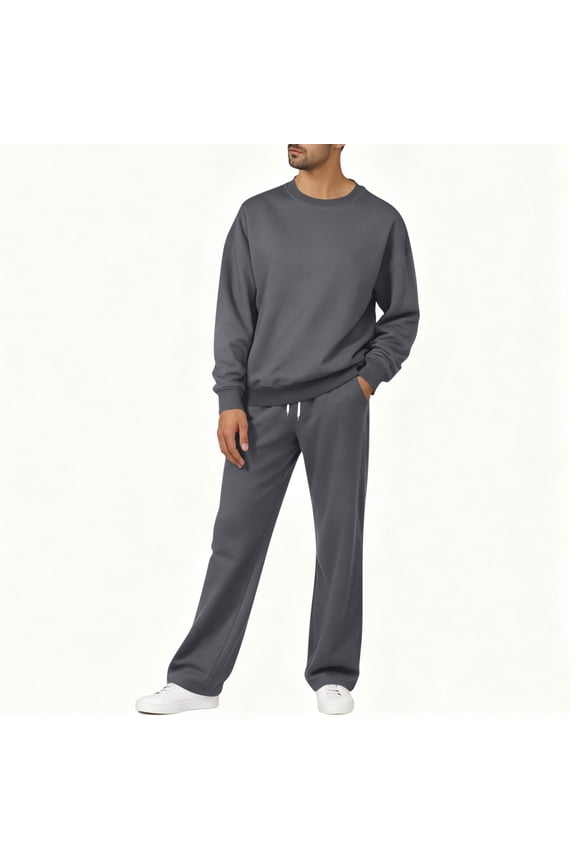 Men's Fleece Tracksuits Solid 2 Piece Set Crewneck Sweatshirts & Open Bottom Sweatpants with Pockets